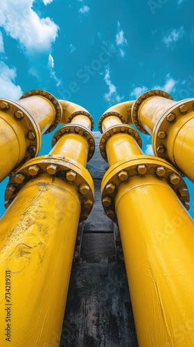 An industrial yellow pipe and valves stand against the vibrant blue backdrop of the sky.