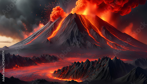 Hintergrund und Vorlage eines ausbrechenden Vulkan mit Feuer und Rauch spuckender Lava und Magma, die in Wolken explosions artig fliegt und orange fließt wie ein Fluß neue Erde Entstehung photo