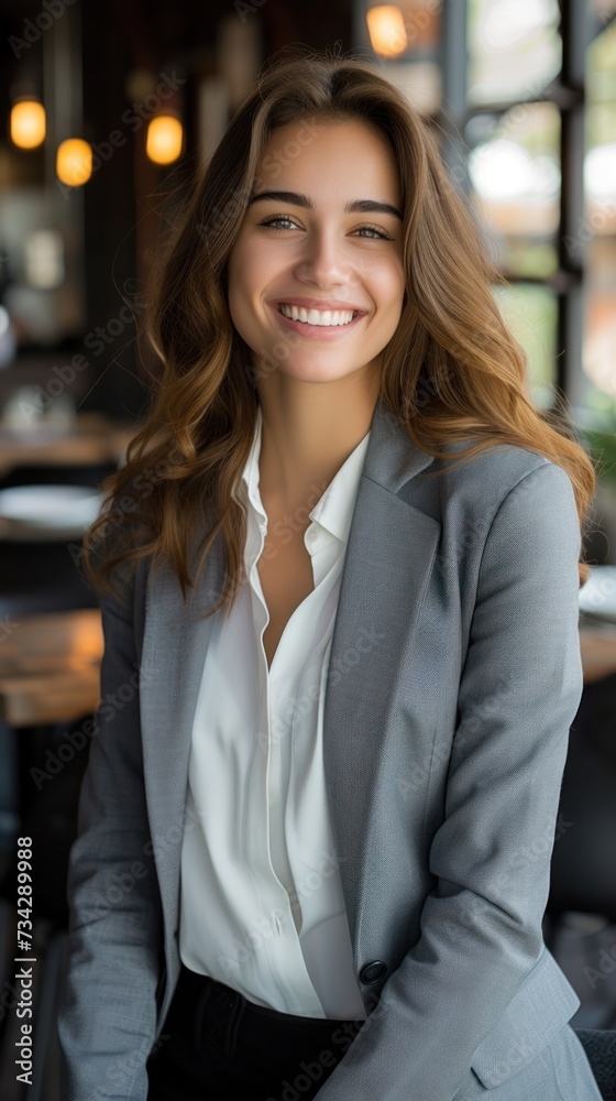 A confident professional woman sits at a table, her face lit up with a bright smile. A confident professional woman sits at a table, her face lit up with a bright smile.