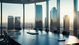 Business Büro Konferenzraum mit Tisch und Stühlen Blick aus einem hohen Gebäude auf die Silhouette einer großstadt mit Bürotürmen und Wolkenkratzern 