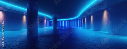 An underground room with a concrete floor bathed in blue lighting.