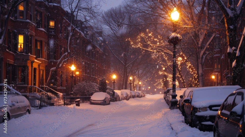 a row of parked cars covered in snow on a city street with street lamps on either side of the street.