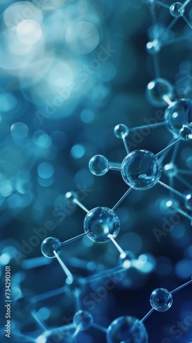 A photo of a molecule structure on a blue background, showcasing a bunch of bubbles.