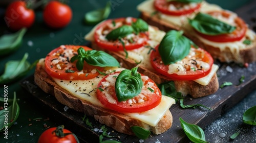 a wooden cutting board topped with slices of bread covered in cheese, tomatoes, basil, and mozzarella.