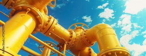A photograph capturing a prominent yellow industrial pipeline and valves set against a clear blue sky.
