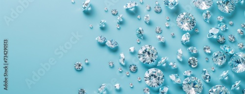 A group of beautiful luxury diamonds scattered on a blue background, creating a stunning visual display.