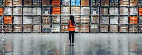 A woman wearing an orange vest stands in a logistics center, surrounded by stacks of boxes. photo