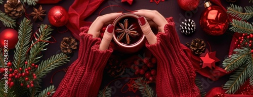 Top view of womans hands holding a cup of hot red mulled wine amidst a festive backdrop of Christmas decorations.