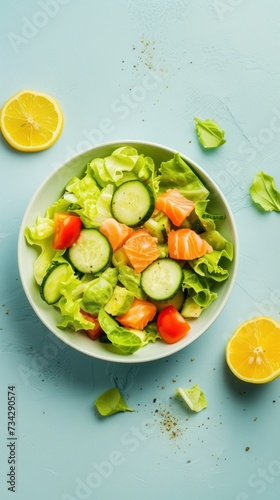 A salted salmon salad with fresh green lettuce, cucumbers, and carrots, served on a plate.