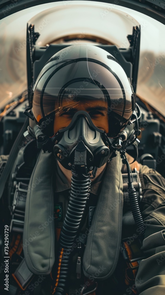 A fighter pilot wearing a gas mask sits inside the cabin of a fighter or jet airplane.