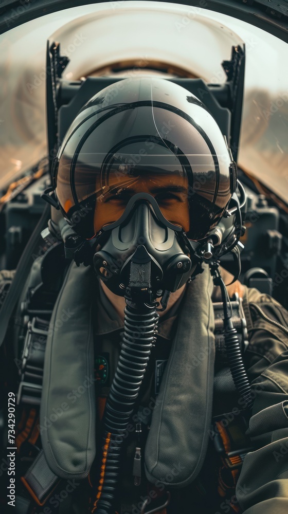 A fighter pilot wearing a gas mask sits inside the cabin of a fighter or jet airplane. A fighter pilot wearing a gas mask sits inside the cabin of a fighter or jet airplane.