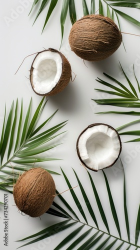 A photo showcasing fresh coconuts, both whole and cut in half, placed on a white surface with three palm leaves in the frame.