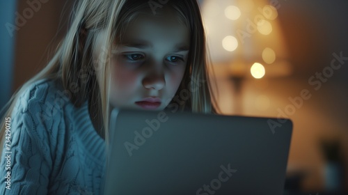 A distressed teenage girl sits in front of her computer, visibly upset as she reads hurtful and bullying messages on her laptop screen, reflecting the growing issue of cyberbullying among youth.