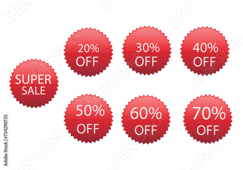 Sale tags. Special offer discount tag 20, 30, 40, 50, 60, 70, 80, 90 percent off price. Discount promotion