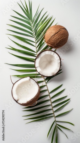 A fresh whole coconut and a halved coconut alongside a palm leaf resting on a white background.
