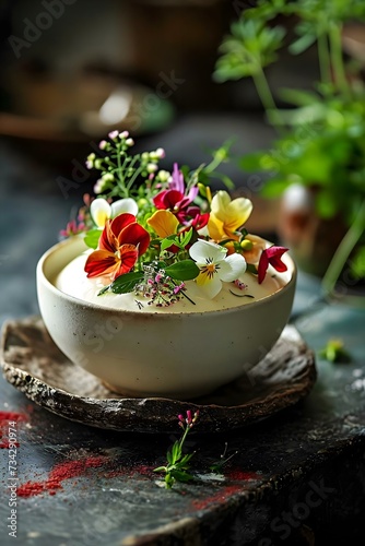 a bowl of flowers sitting on top of a table