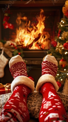 A person wearing red and white socks sits in front of a fireplace.