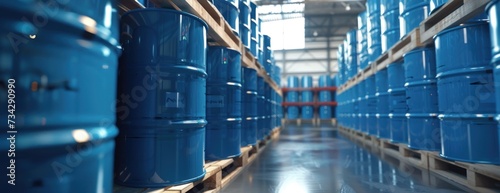 A warehouse filled with a long row of blue barrels on pallets containing liquid che. photo