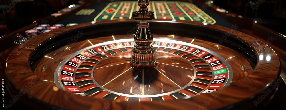 A detailed view of a roulette wheel in a casino, captured against a dark background. A detailed view of a roulette wheel in a casino, captured against a dark background.