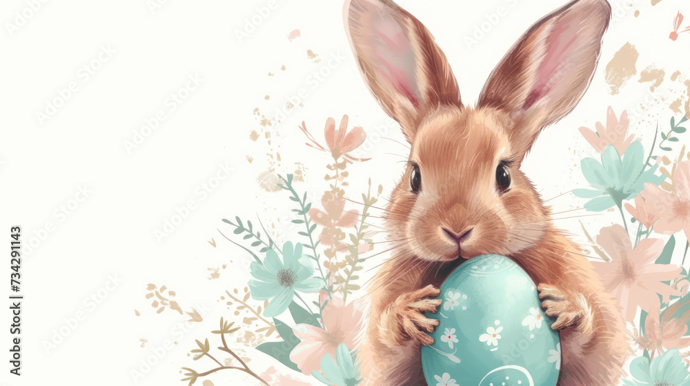 a painting of a rabbit holding a blue easter egg in front of a floral background with pink and blue flowers. a painting of a rabbit holding a blue easter egg in front of a floral background with pink and blue flowers.