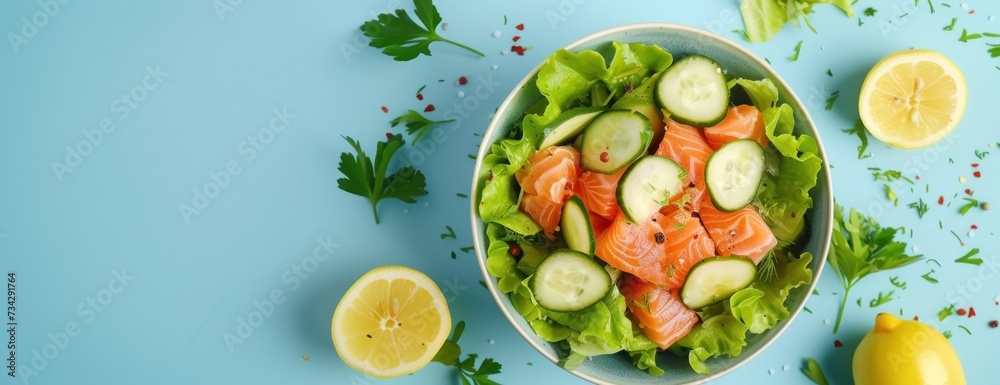 A delicious bowl filled with salted salmon salad, fresh green lettuce, cucumber, tangy lemons, and aromatic parsley. A delicious bowl filled with salted salmon salad, fresh green lettuce, cucumber, tangy lemons, and aromatic parsley.