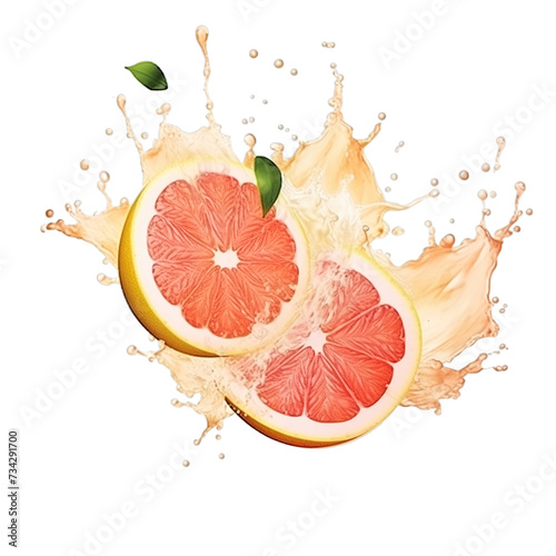 realistic fresh ripe pomelo with slices falling inside swirl fluid gestures of milk or yoghurt juice splash png isolated on a white background with clipping path. selective focus