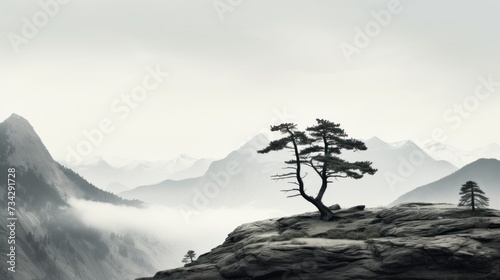a black and white photo of a lone tree on top of a rocky outcropping with mountains in the background.