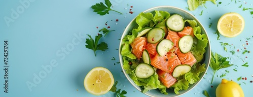 A delicious bowl filled with salted salmon salad, fresh green lettuce, cucumber, tangy lemons, and aromatic parsley.