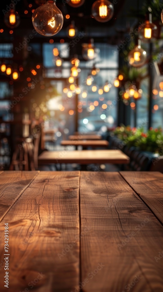 An empty wood table top in a restaurant with blurred background featuring hanging lights. An empty wood table top in a restaurant with blurred background featuring hanging lights.