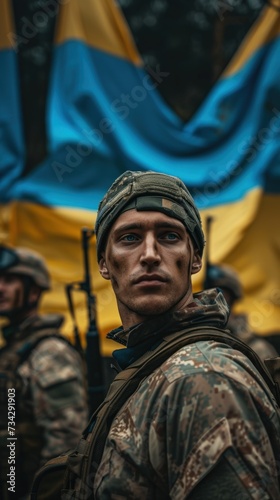 A group of Ukrainian soldiers standing in formation against a background.