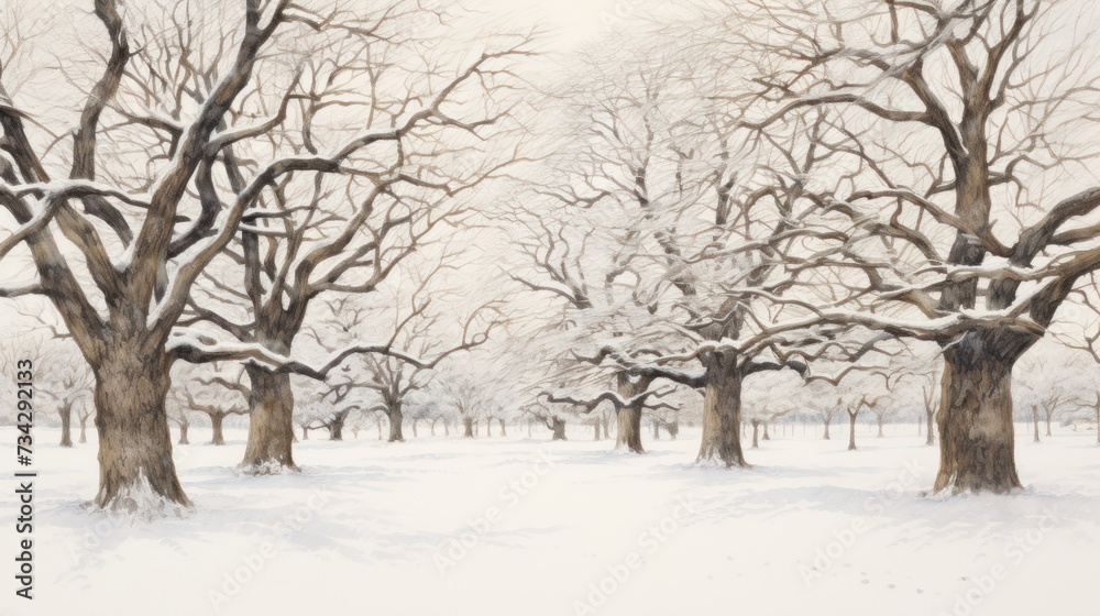 a painting of a snowy landscape with trees and snow in the foreground and a light dusting of snow on the ground. a painting of a snowy landscape with trees and snow in the foreground and a light dusting of snow on the ground.