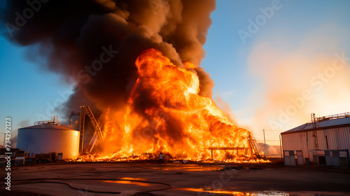 Modern metal granary on fire. A large agro-processing plant for the storage and processing of grain crops. 