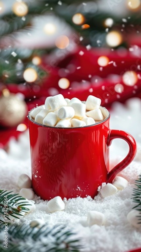 A festive red cup filled with delicious marshmallows on top of a snowy surface.