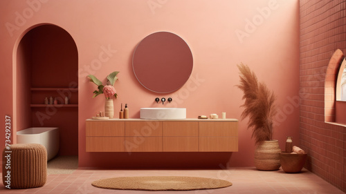 Baño espacioso de estilo rustico con bañera abierta, lavabo y espejo en pared central, suelo de ceramica con alfombra de rafia, puff, cesta de mimbre con planta en tonos terracota rosados photo