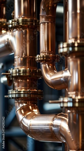 Numerous copper pipes are interconnected in a factory or brewery, forming a complex network.