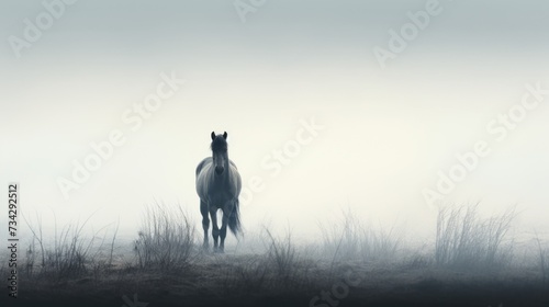 a black and white photo of a horse standing in a foggy field with tall grass in the foreground.