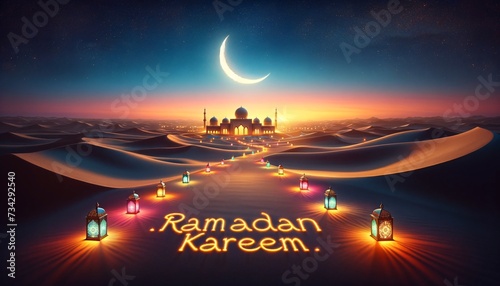 Ramadan Kareem greeting card with mosque and lanterns in a desert landscape under a crescent moon