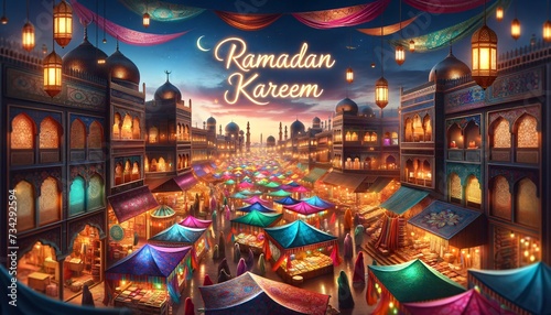 Ramadan Kareem greeting card with coastal village and anchored boats at sunset