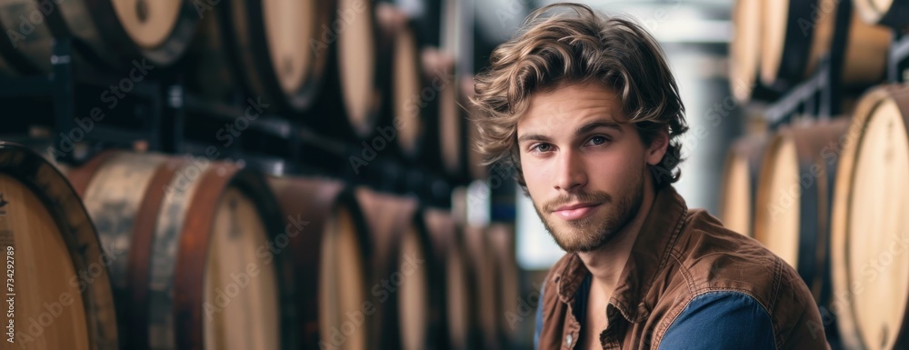 A young man with attractive features poses confidently in front of a backdrop of wine barrels. - obrazy, fototapety, plakaty 
