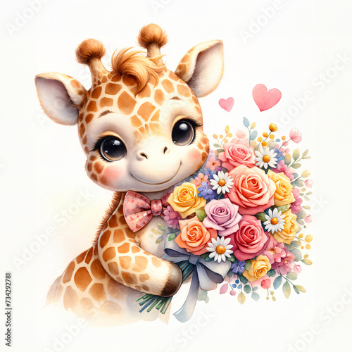 Cute giraffe with flowers. Watercolor illustration for greeting cards and children s decor  stickers  nursery art. For Birthday  Valentine s Day and Mother   s day cards and invitations. 