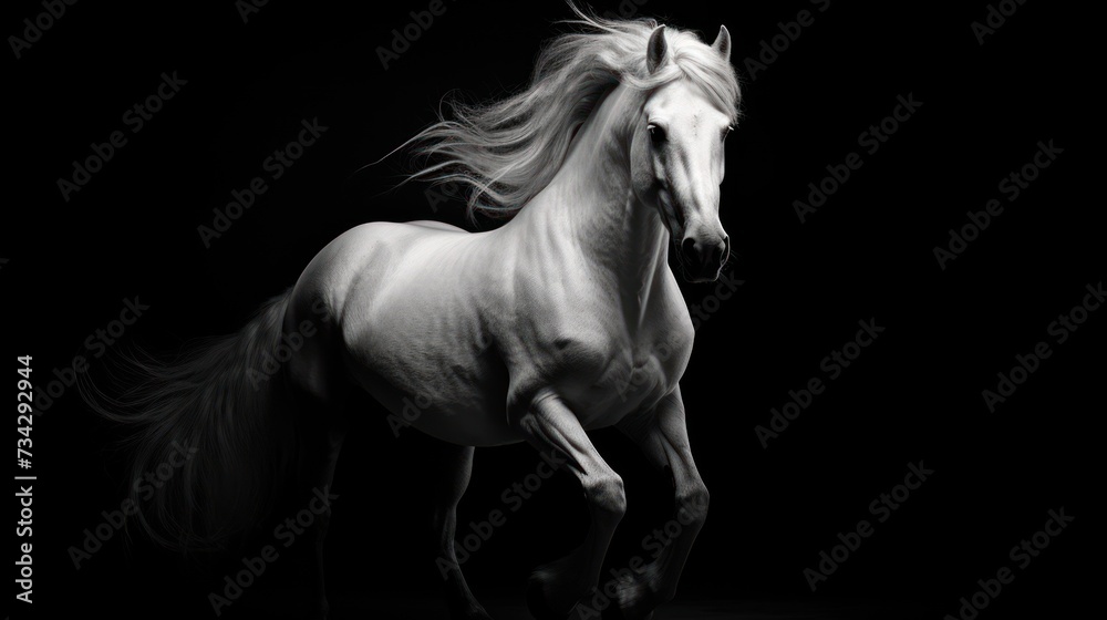 Φωτογραφία a white horse running in the dark with its hair blowing in the wind and it's rear legs in the air