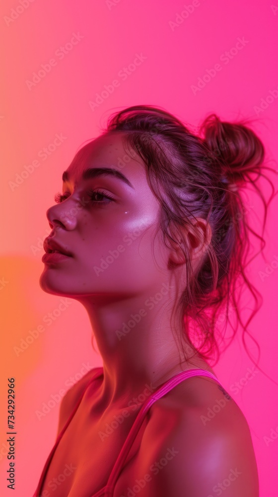 A portrait of a fitness woman with her hair styled in a bun, against a vibrant pink background.