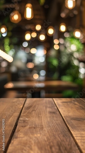 A close-up view of an empty wooden table with abstract blurred restaurant lights in the background.