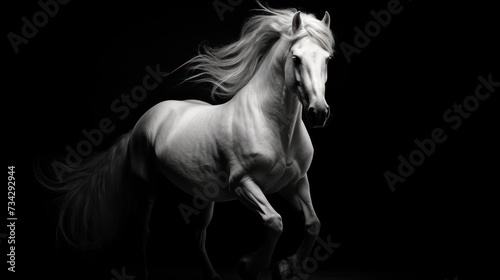 a white horse running in the dark with its hair blowing in the wind and it s rear legs in the air.
