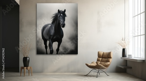 a black and white photo of a horse on a wall in a room with a chair and a large window.
