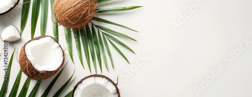 A photo showcasing a fresh whole and half-cut coconut alongside palm leaves on a white background. photo