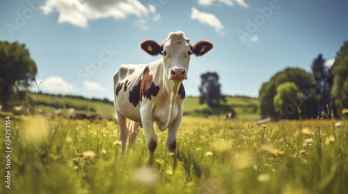 a brown and white cow standing in the middle of a field of grass with trees and clouds in the background.