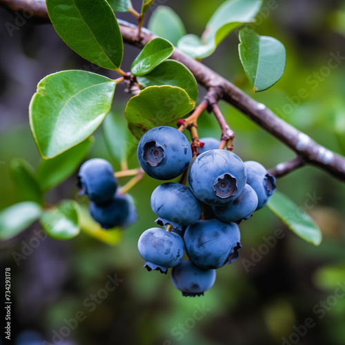 close-up of a fresh ripe blueberry hang on branch tree. autumn farm harvest and urban gardening concept with natural green foliage garden at the background. selective focus photo