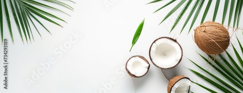 A photograph showcasing fresh coconuts, including whole and cut in half, accompanied by palm leaves, all placed on a white background.