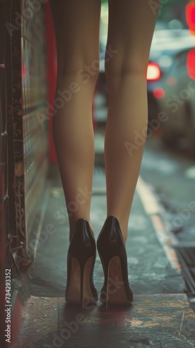 A photo of a womans legs wearing high heels standing on a sidewalk.